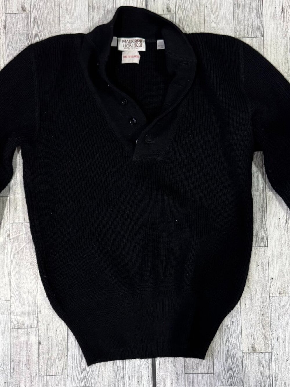 VTG Mark of the Lion Saks Fifth Avenue Wool Knit Henley Sweater Black S Italy